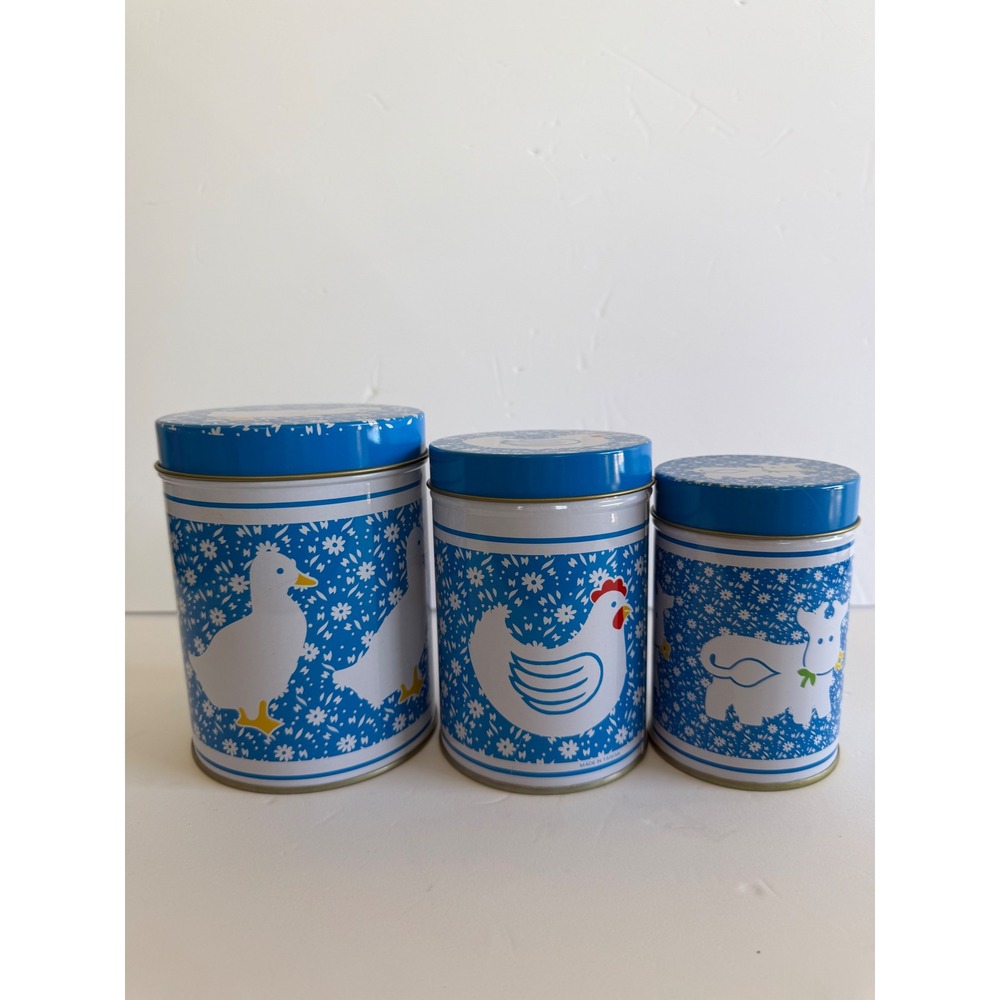 Vintage Blue Calico Farm Animal Nesting Kitchen Canisters Set of 3 Goose cottage